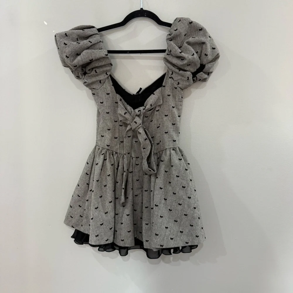 For Love And Lemons Dress Twill Bow Print Drop Waisted Mini in Grey - Picture 6 of 7